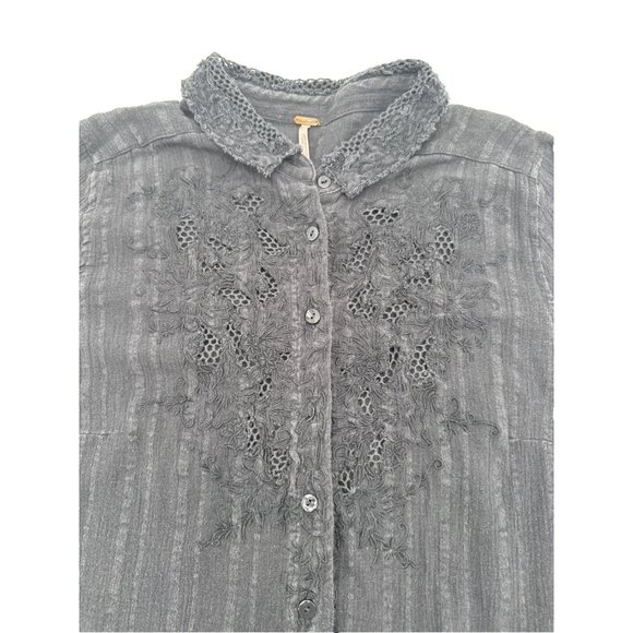 Free People dark Grey Long Sleeve Shirt Lace 100% cotton blouse collard sexy - Picture 10 of 13